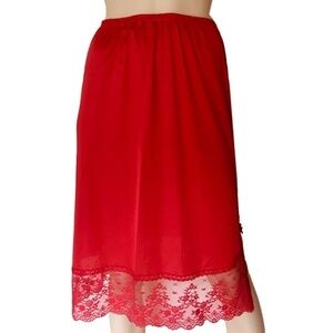 Vintage VANITY FAIR Slip Lacy Lipstick Red Half Lace Side Slit Sz S TT